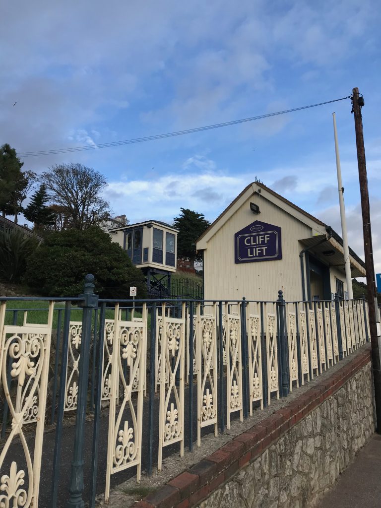 The lower station of the Southend Cliff Lift with the lift carriage seen ascending.