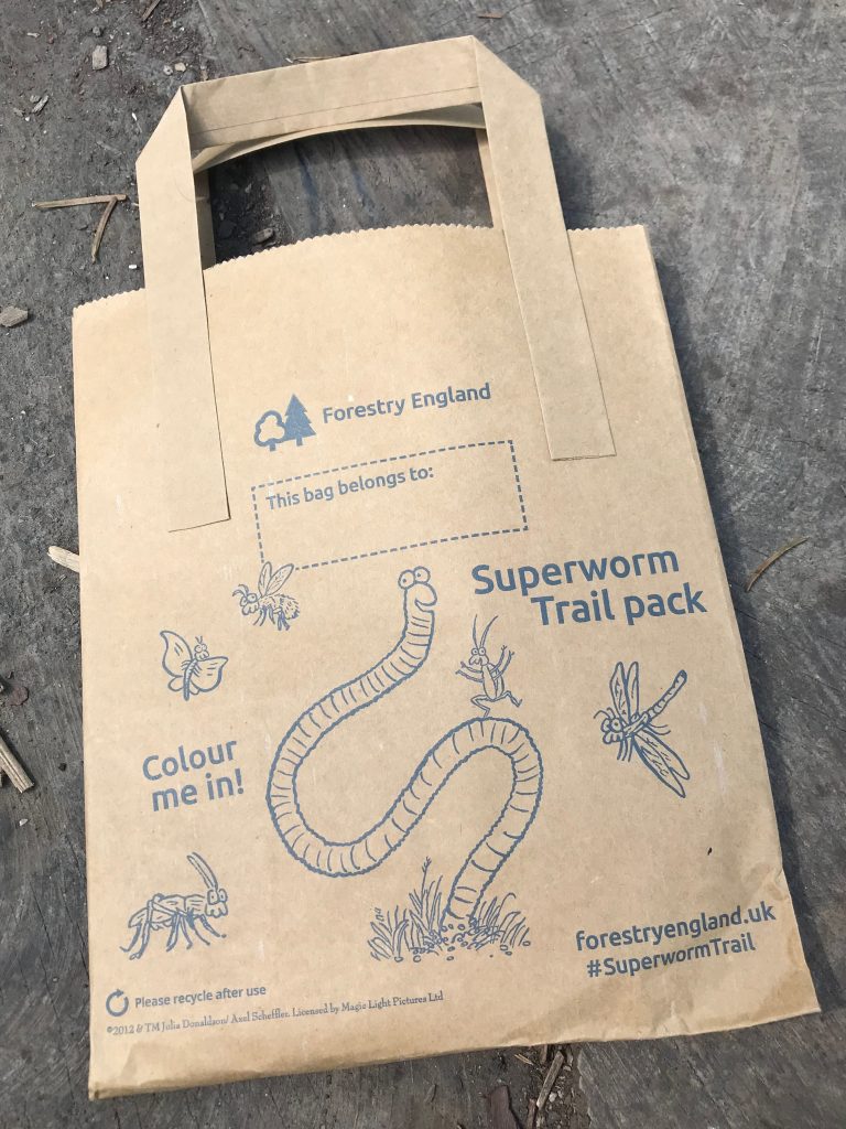 A paper bag sitting on a tree stump. The bag is the Superworm Trail Pack from Foresty England and it has a picture of Superworm on it that children can colour in.