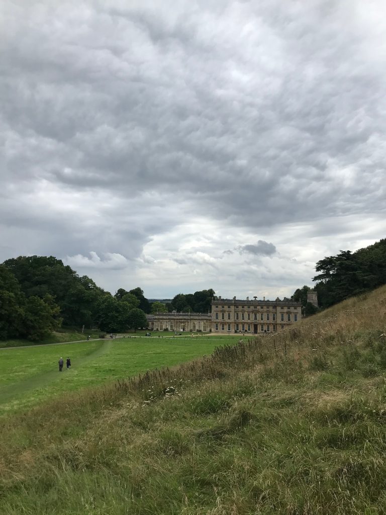 A view down towards the main house at Dyrham Park. From the angle of the photo you can see that you have to walk downhill to get to the house.