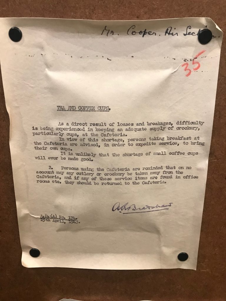 A memo about a shortage of coffee cups at Bletchley Park.