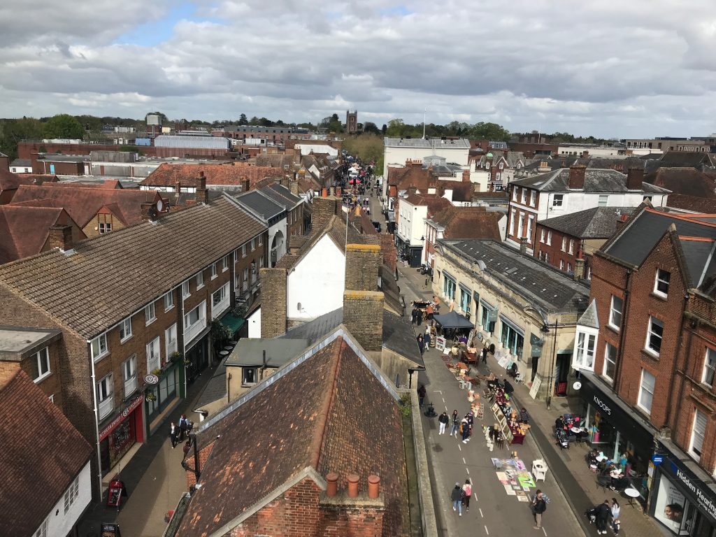 A view from the top of St Albans Clock Tower towards the market