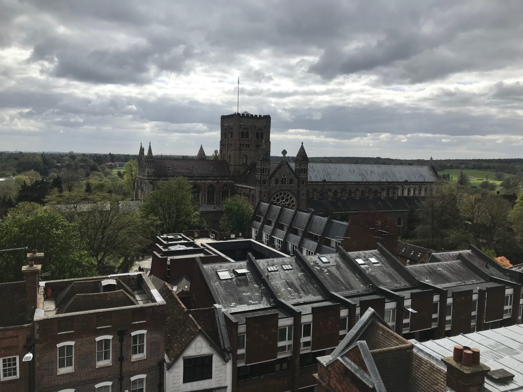 A view form the roof of teh clock tower towards St Albans Abbey