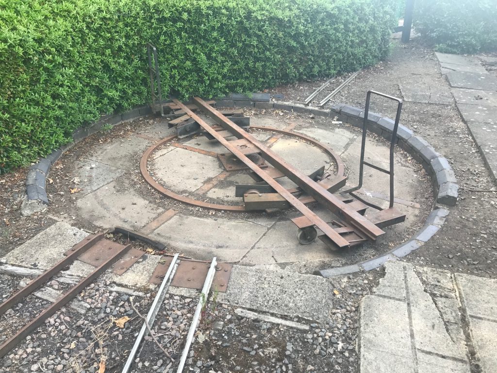 A miniature railway turntable, part of the abandoned miniature railway at Willen Lake. Milton Keynes.